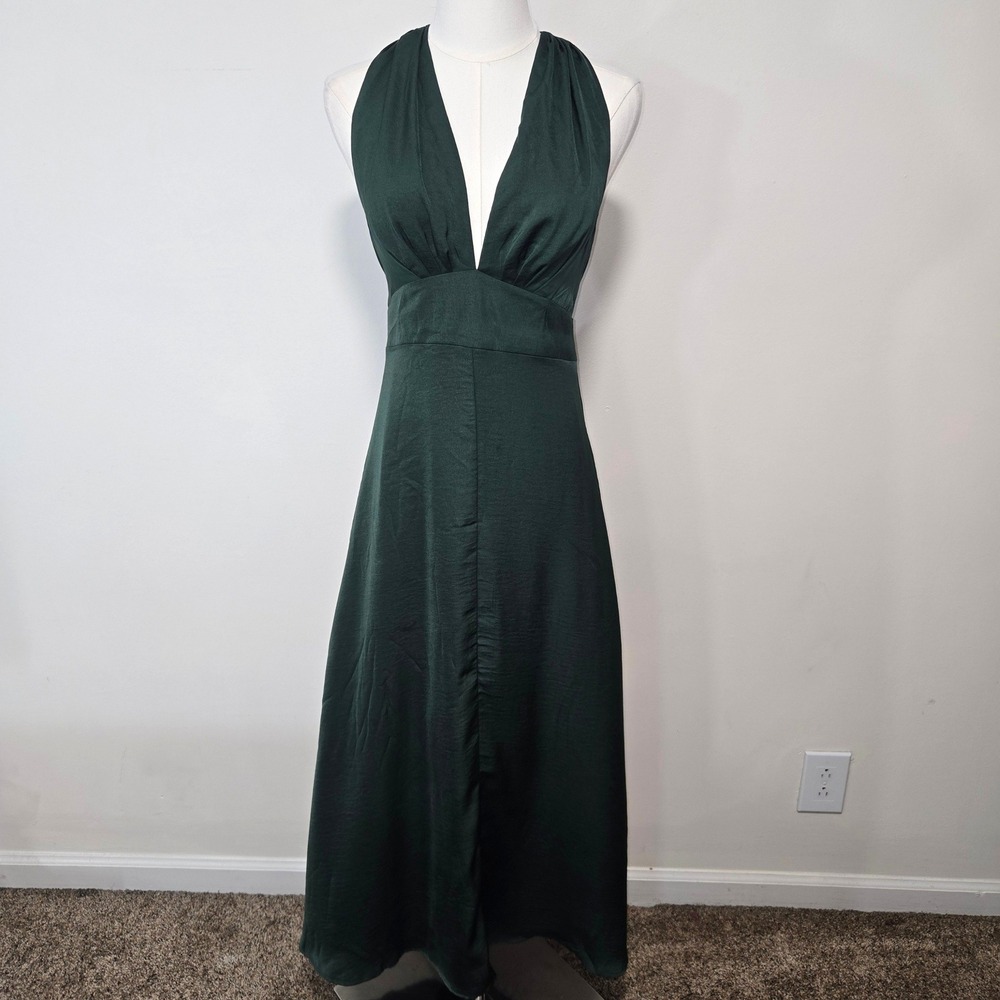 Banana Republic Halter Maxi Dress Womens 4 Green Satin Plunging V-Neck Tie Back